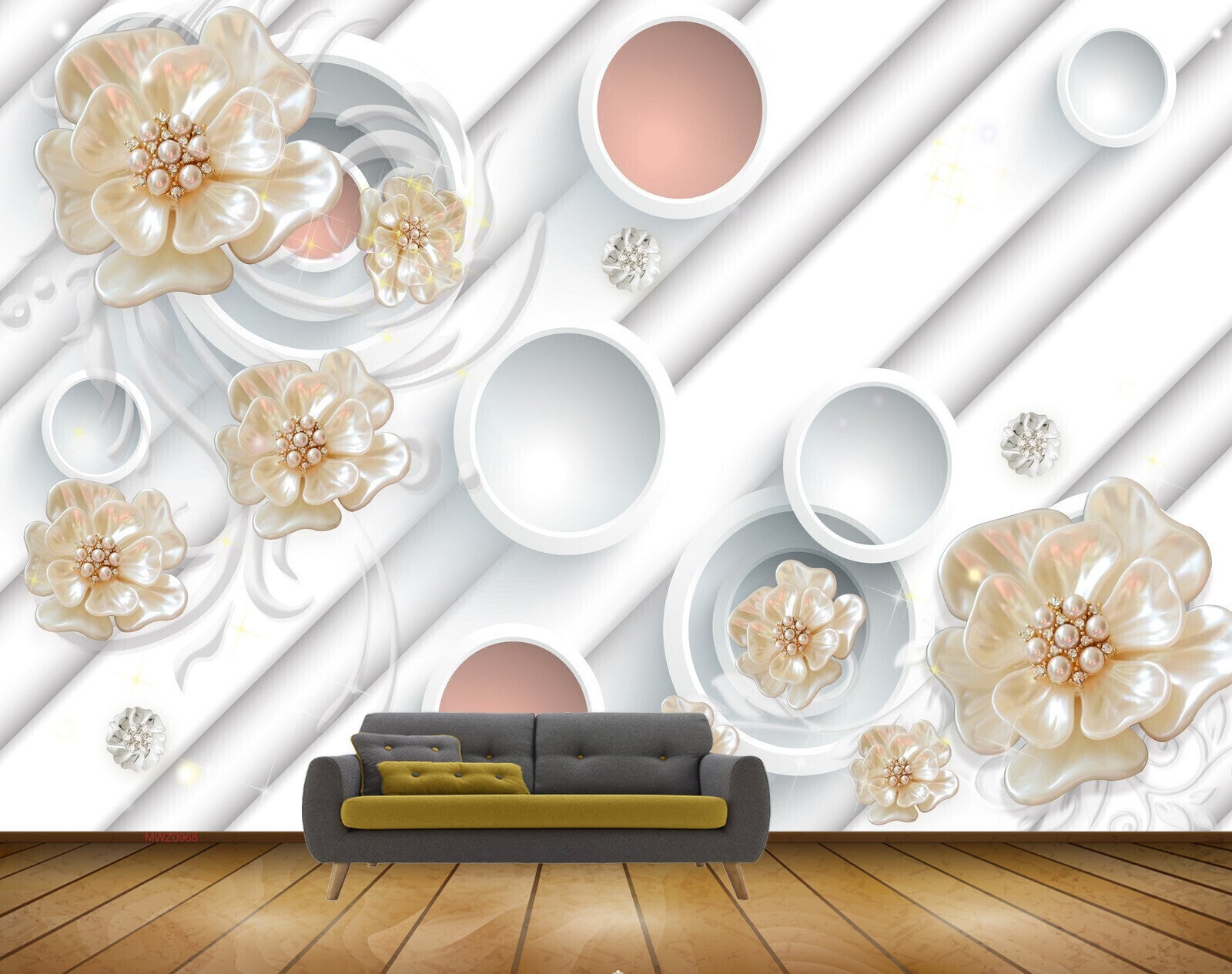 Avikalp MWZ0968 White Golden Flowers 3D HD Wallpaper