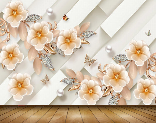 Avikalp MWZ0969 Golden White Flowers Butterflies Leaves 3D HD Wallpaper