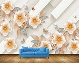 Avikalp MWZ0969 Golden White Flowers Butterflies Leaves 3D HD Wallpaper