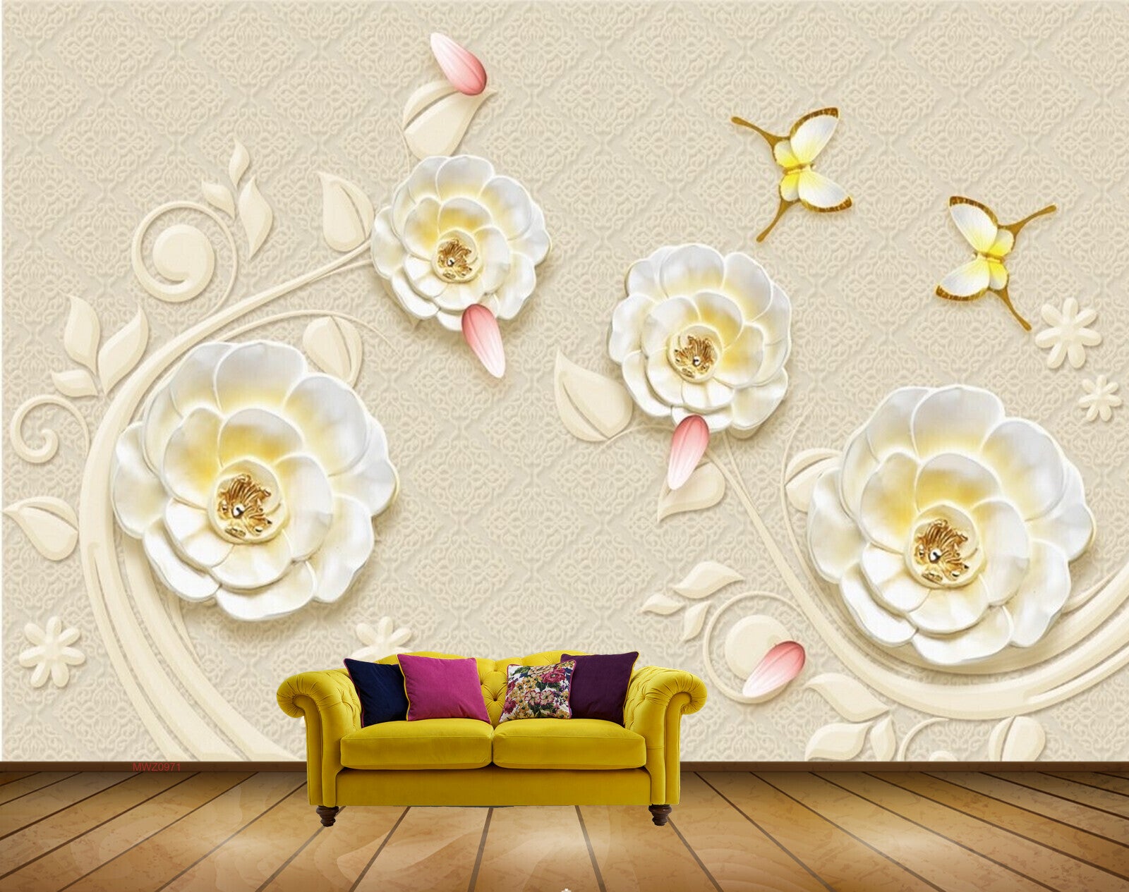 Avikalp MWZ0971 White Yellow Flowers Butterflies 3D HD Wallpaper