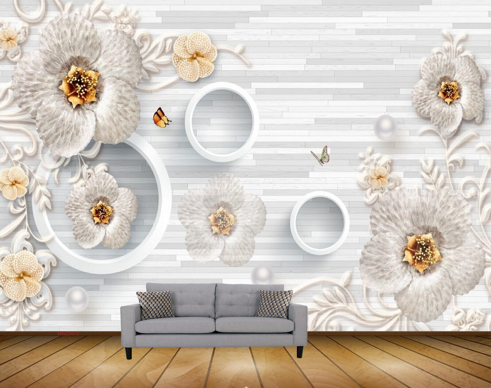 Avikalp MWZ0973 White Flowers Butterflies Leaves 3D HD Wallpaper