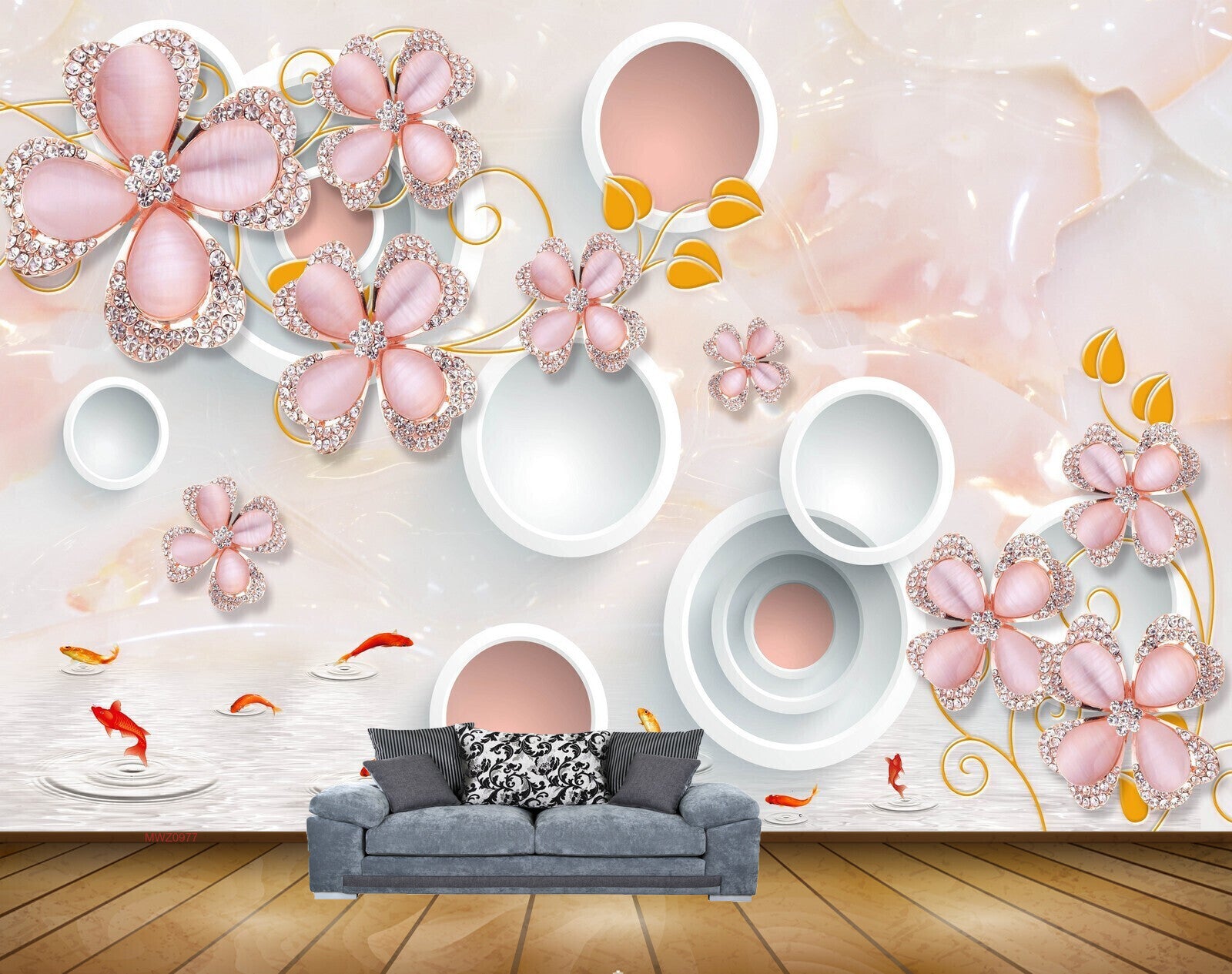 Avikalp MWZ0977 Pink Flowers Fishes HD Wallpaper