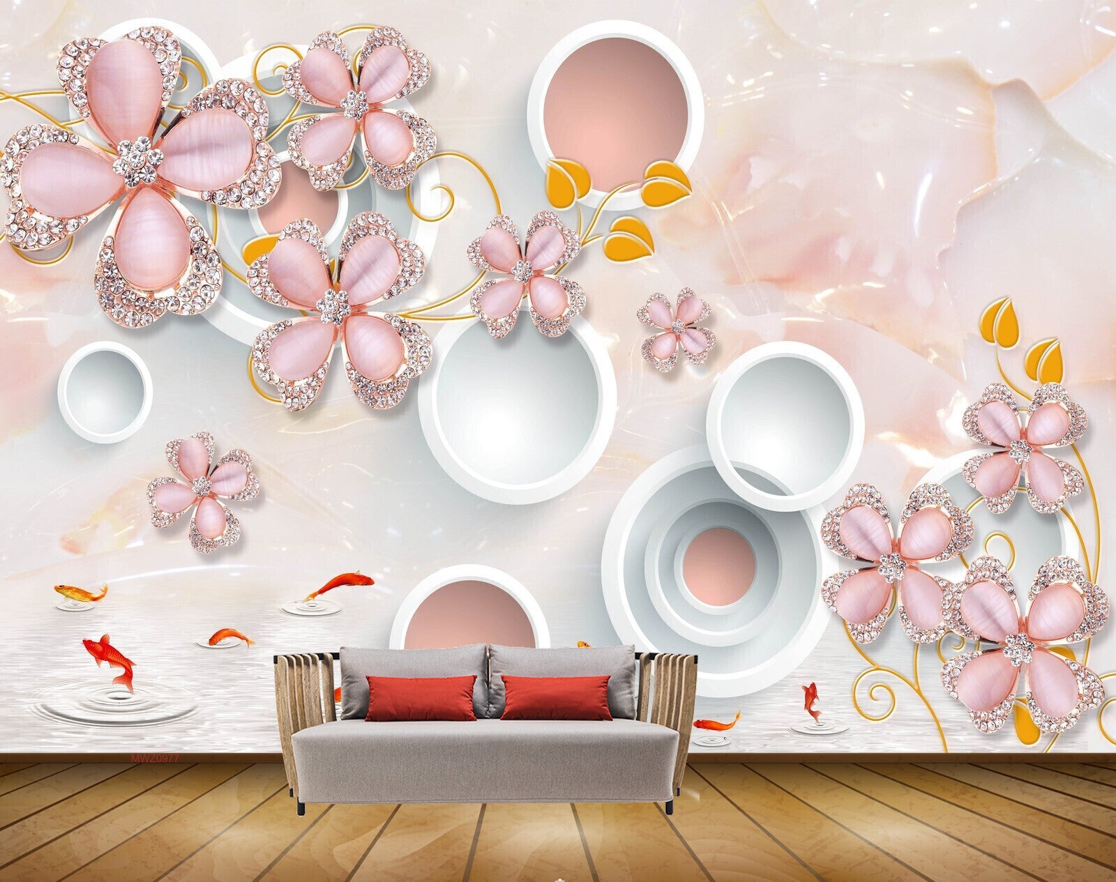 Avikalp MWZ0977 Pink Flowers Fishes 3D HD Wallpaper