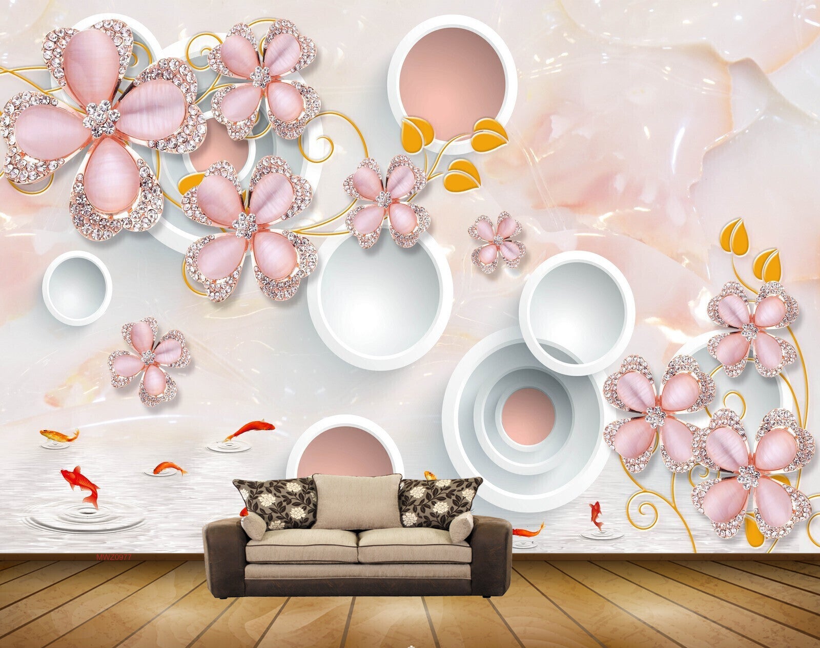 Avikalp MWZ0977 Pink Flowers Fishes 3D HD Wallpaper
