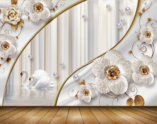 Avikalp MWZ0978 White Flowers Swans 3D HD Wallpaper