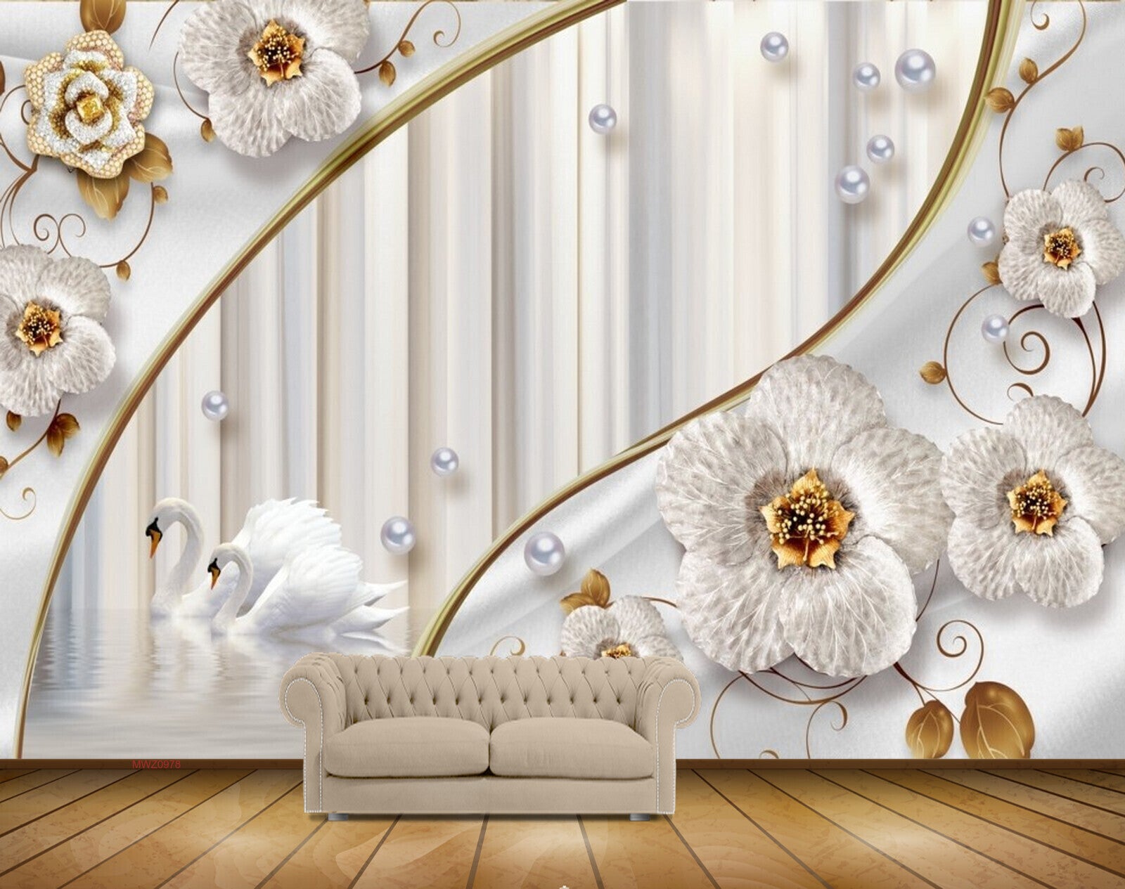 Avikalp MWZ0978 White Flowers Swans 3D HD Wallpaper