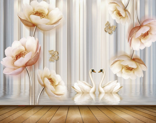 Avikalp MWZ0980 White Pink Flowers Butterflies Cranes 3D HD Wallpaper