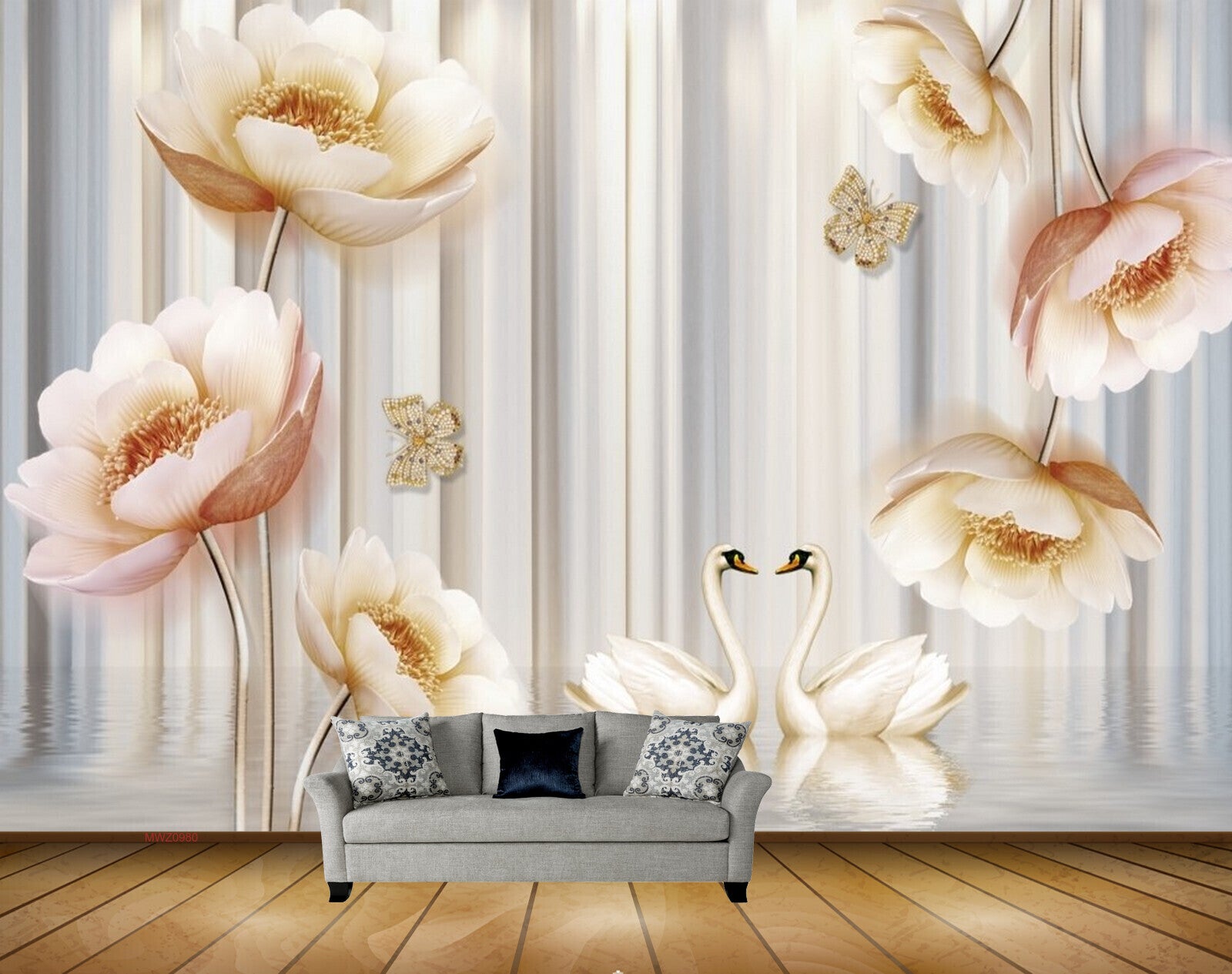 Avikalp MWZ0980 White Pink Flowers Butterflies Cranes 3D HD Wallpaper