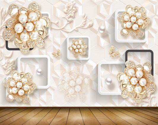 Avikalp MWZ0981 White Golden Flowers 3D HD Wallpaper