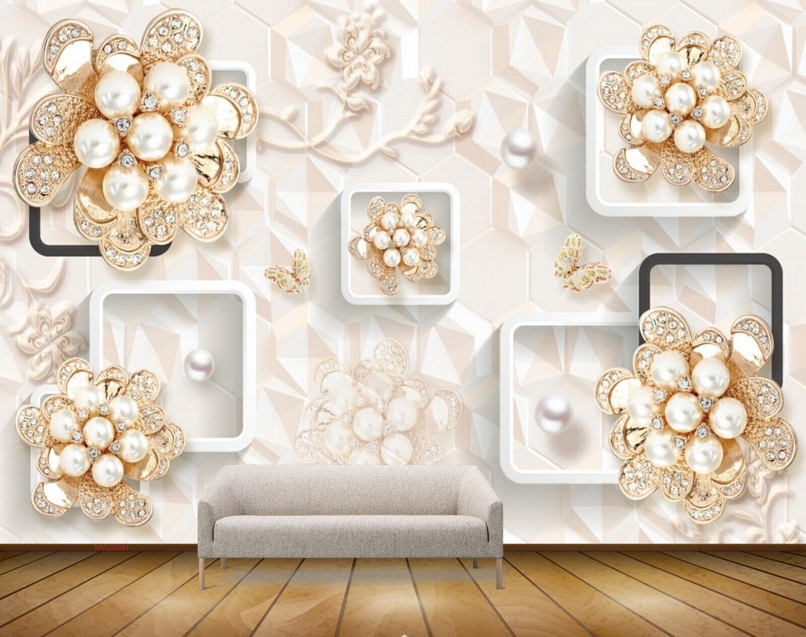 Avikalp MWZ0981 White Golden Flowers 3D HD Wallpaper