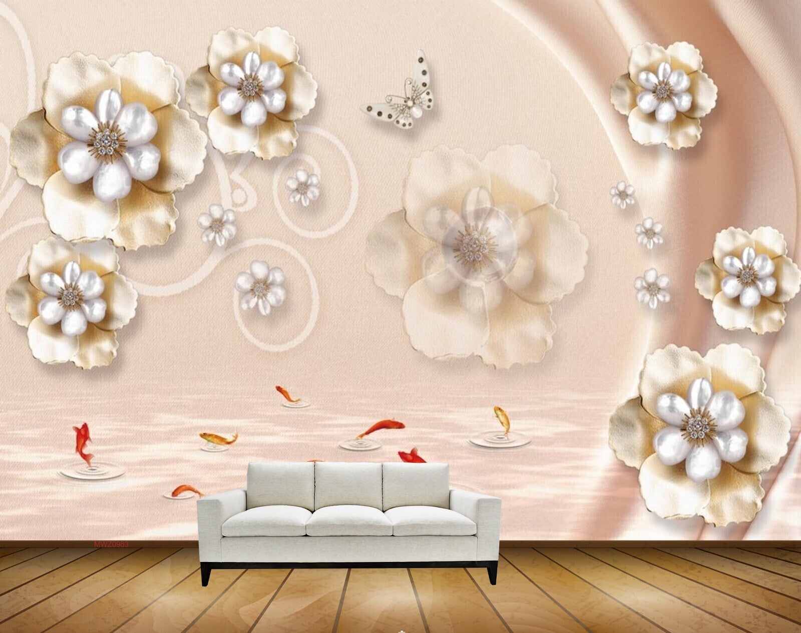 Avikalp MWZ0983 White Golden Flowers Fishes HD Wallpaper