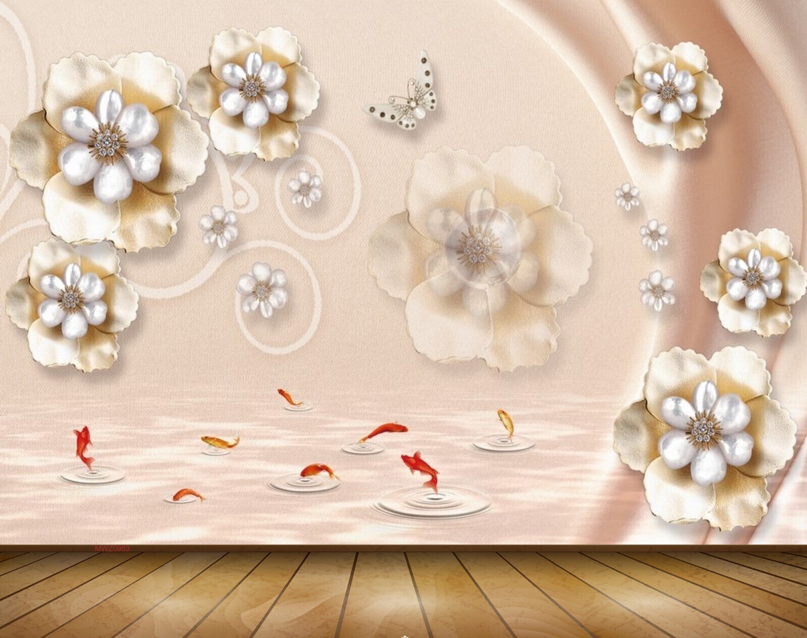 Avikalp MWZ0983 White Golden Flowers Fishes 3D HD Wallpaper