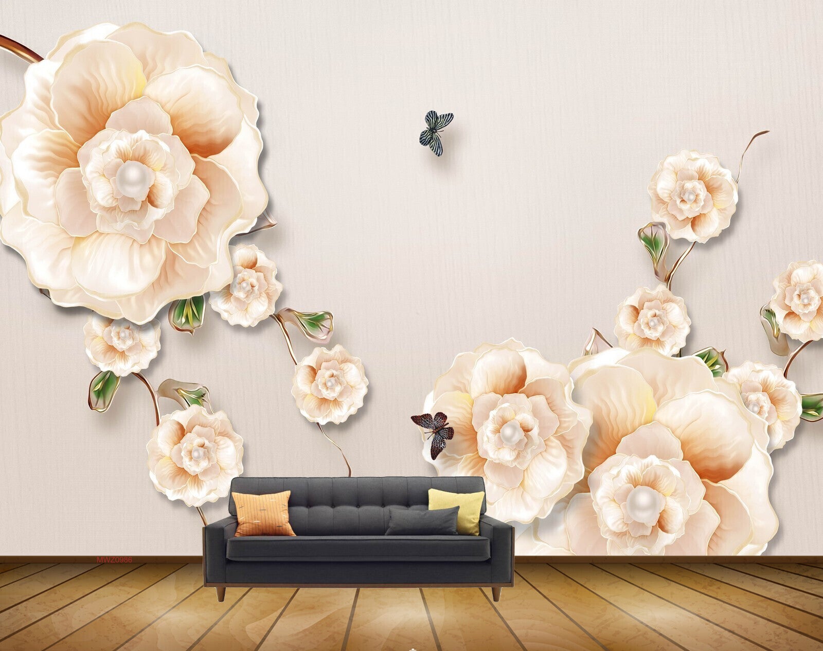 Avikalp MWZ0986 White Orange Flowers Butterflies 3D HD Wallpaper