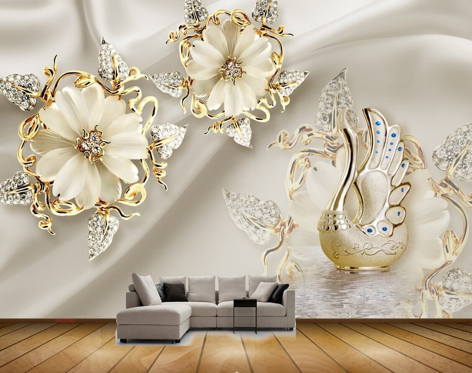 Avikalp MWZ0987 White Golden Flowers Swan HD Wallpaper