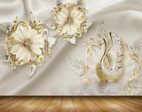 Avikalp MWZ0987 White Golden Flowers Swan 3D HD Wallpaper