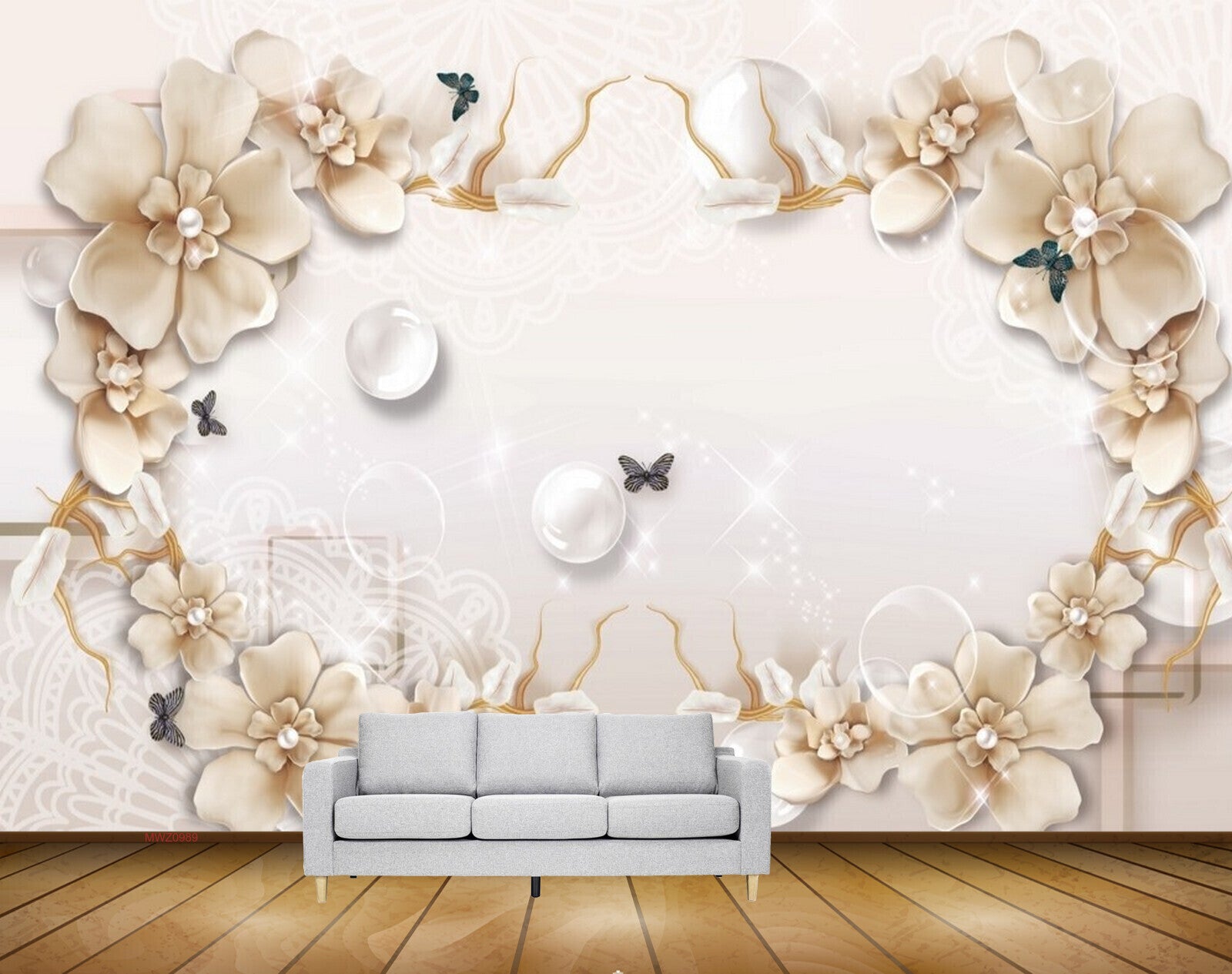 Avikalp MWZ0989 Cream Flowers Butterflies HD Wallpaper