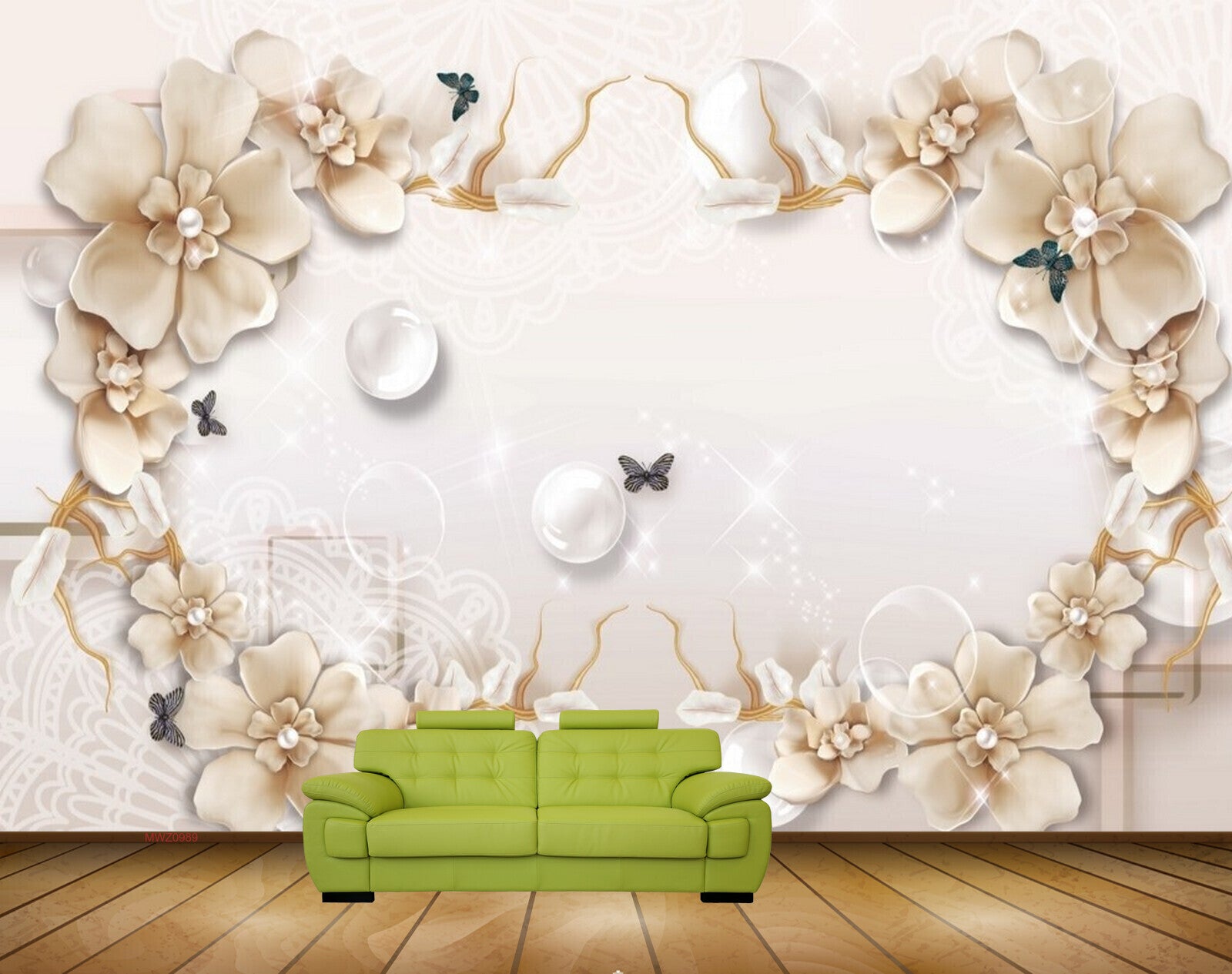 Avikalp MWZ0989 Cream Flowers Butterflies 3D HD Wallpaper