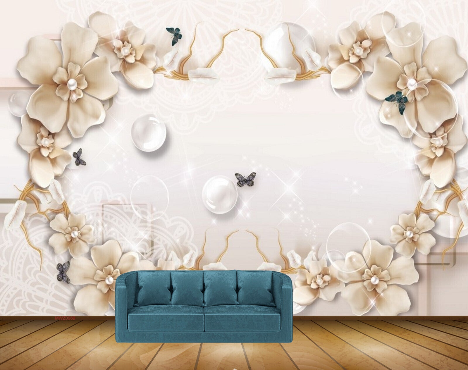 Avikalp MWZ0989 Cream Flowers Butterflies 3D HD Wallpaper