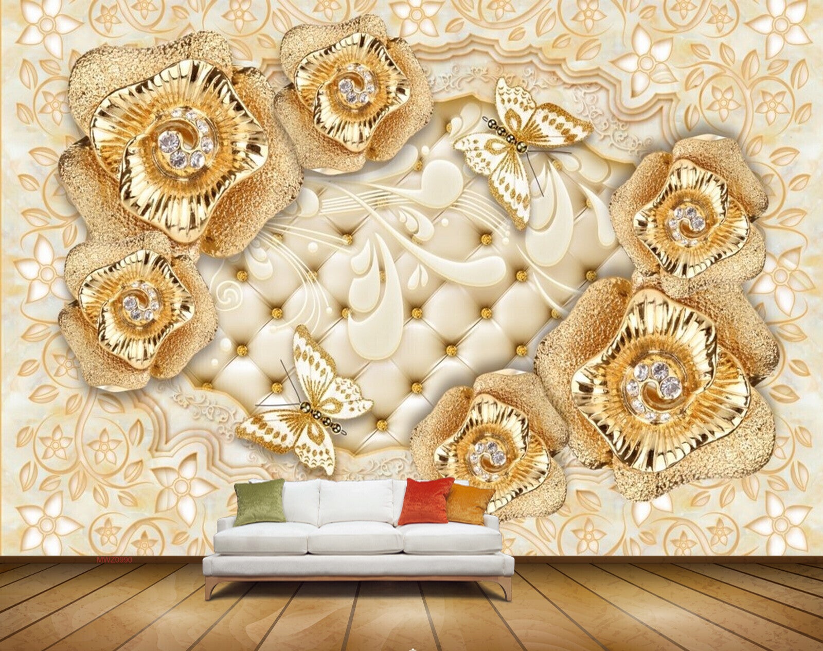 Avikalp MWZ0990 Golden Flowers Butterflies 3D HD Wallpaper