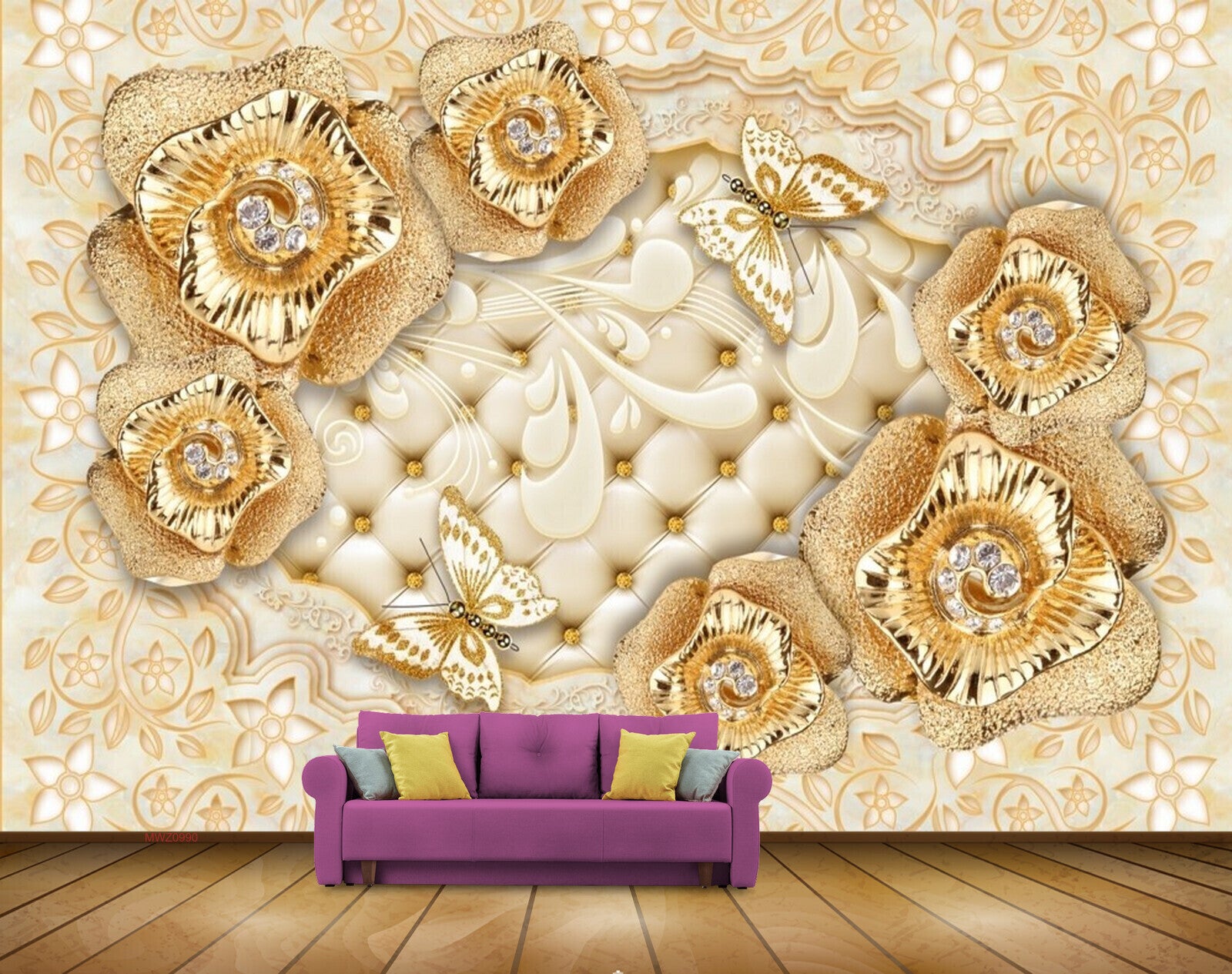 Avikalp MWZ0990 Golden Flowers Butterflies 3D HD Wallpaper