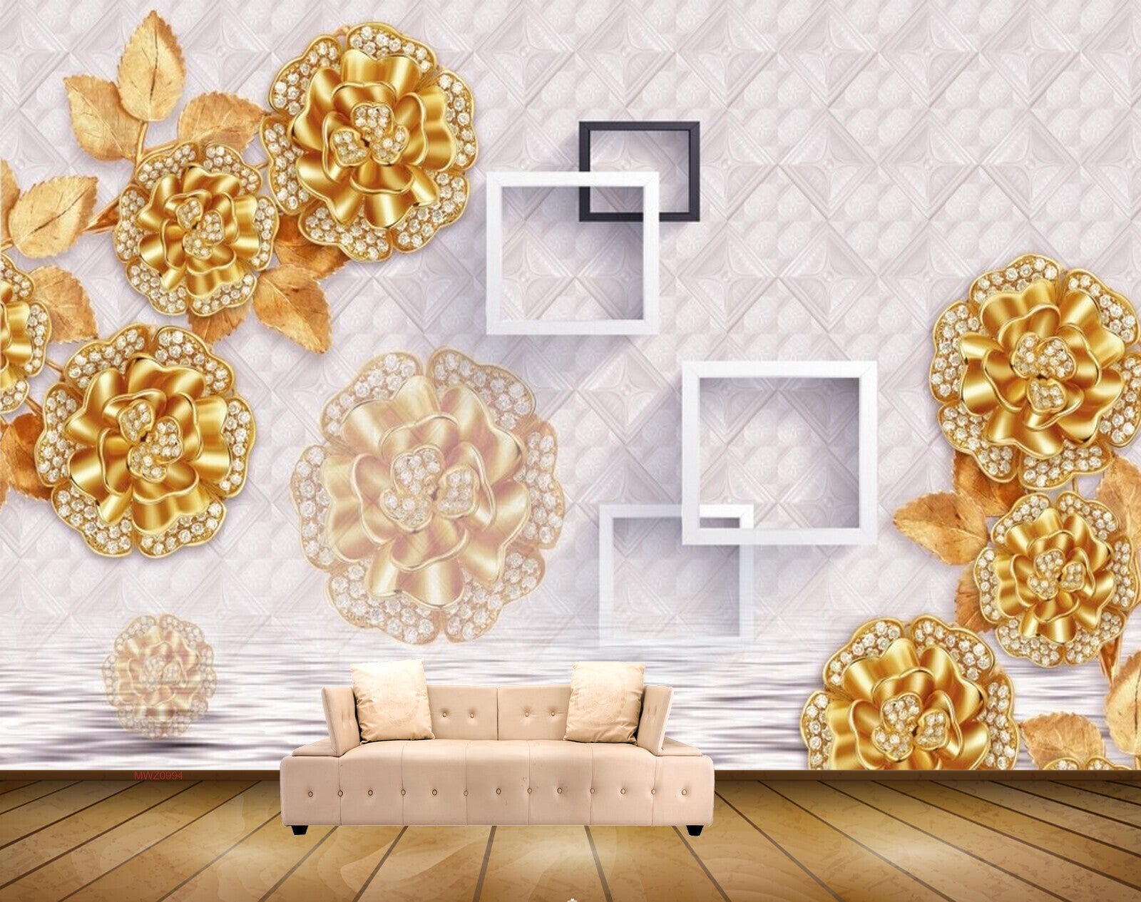Avikalp MWZ0994 Golden Flowers Leaves 3D HD Wallpaper