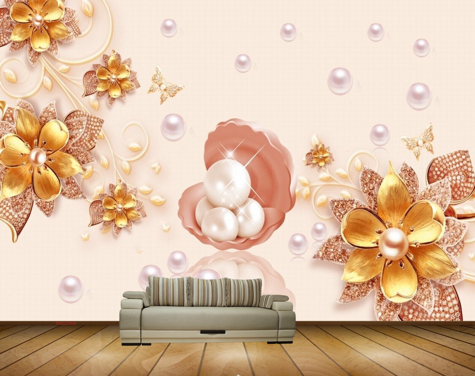Avikalp MWZ0996 Golden Flowers Butterflies Pearls 3D HD Wallpaper