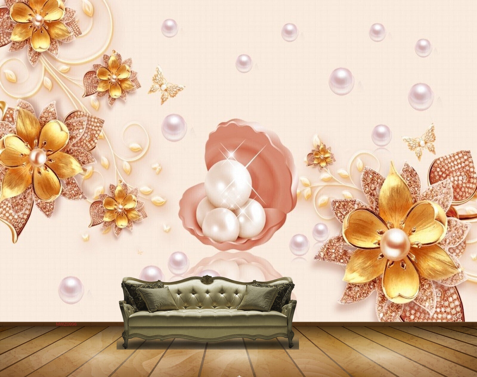 Avikalp MWZ0996 Golden Flowers Butterflies Pearls 3D HD Wallpaper