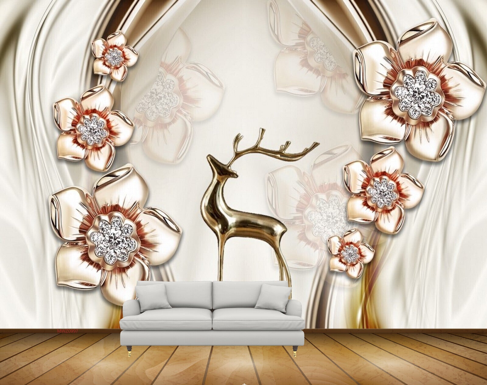 Avikalp MWZ0997 Deer Golden Flowers HD Wallpaper