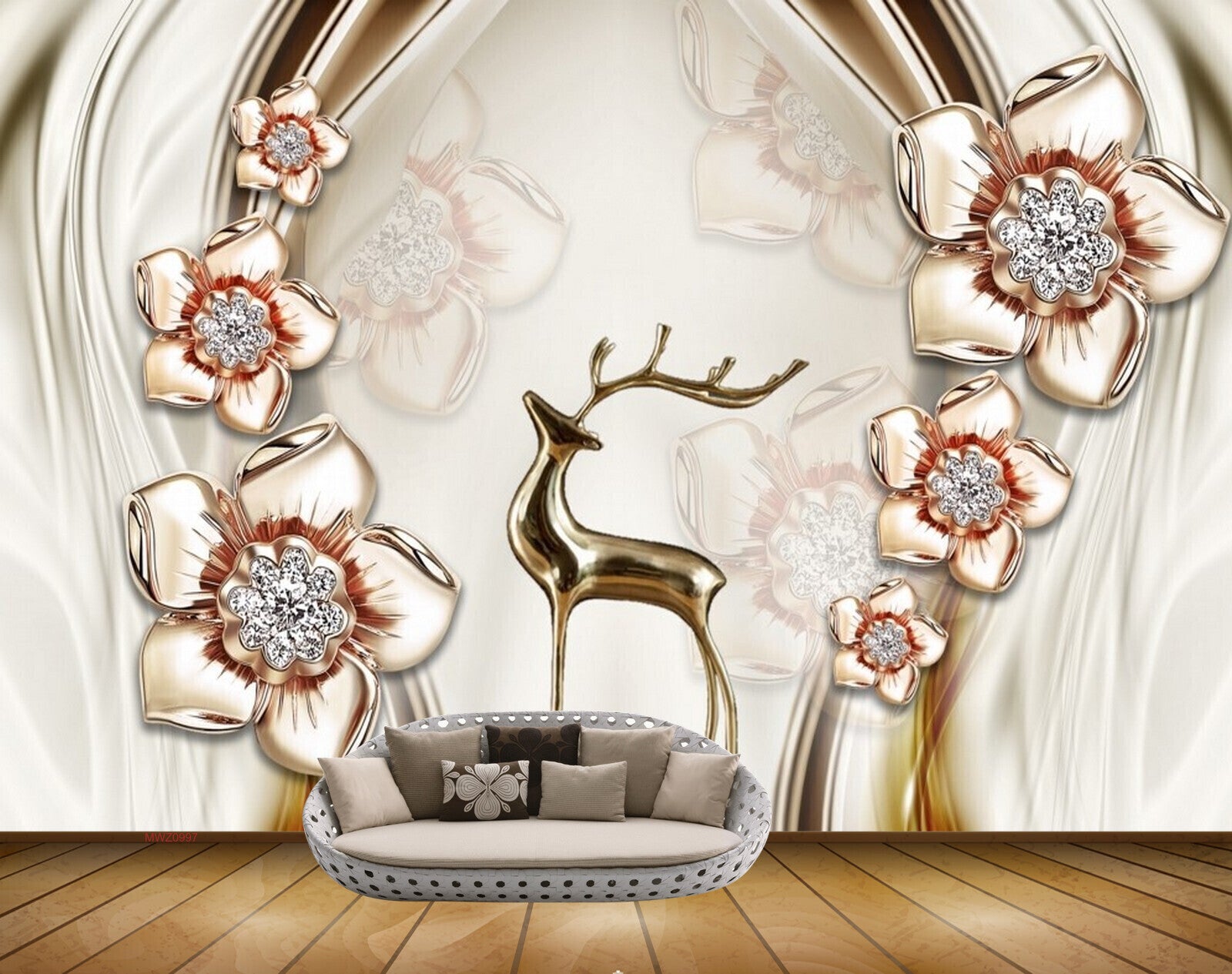Avikalp MWZ0997 Deer Golden Flowers 3D HD Wallpaper