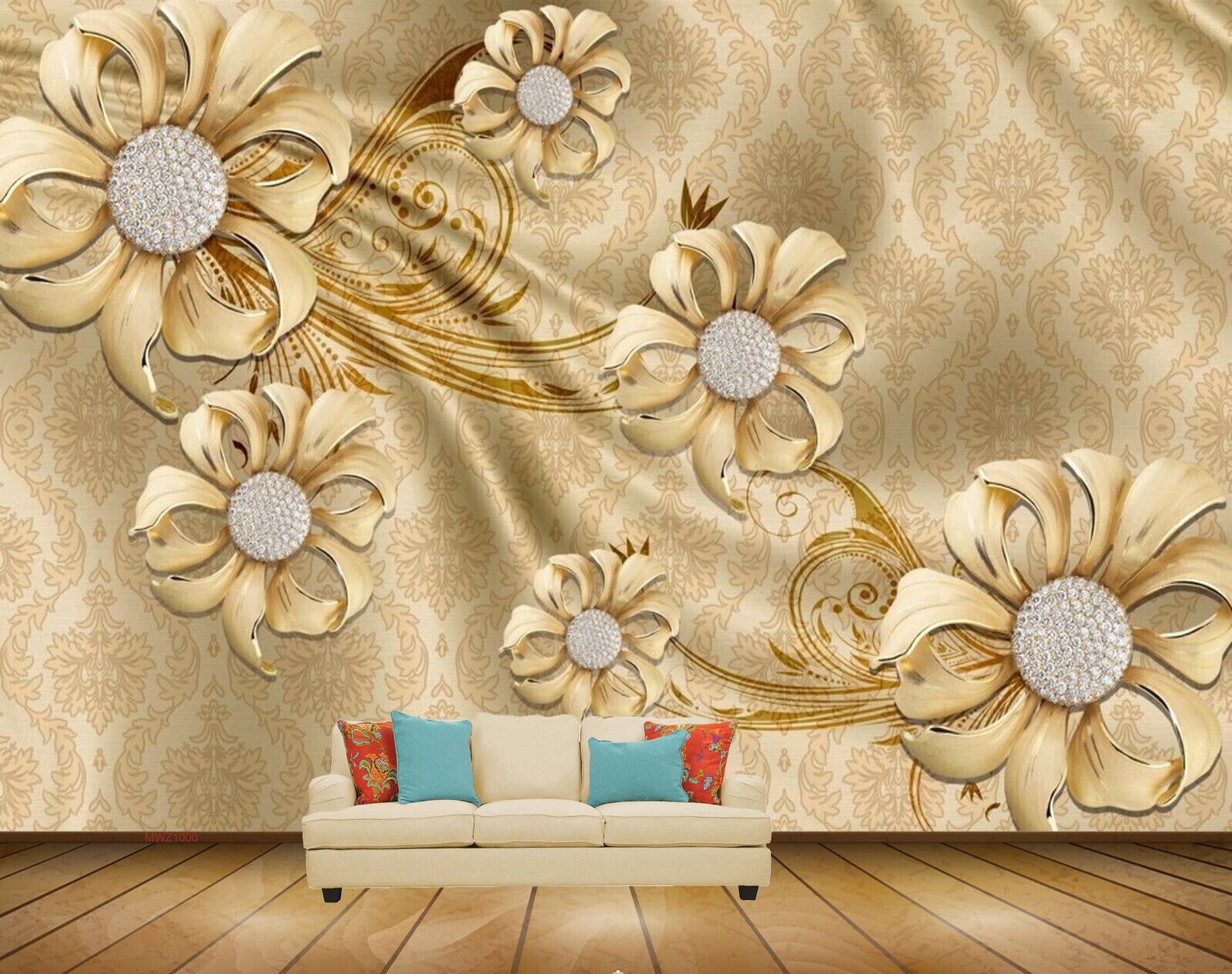 Avikalp MWZ1000 Golden Flowers Leaves 3D HD Wallpaper