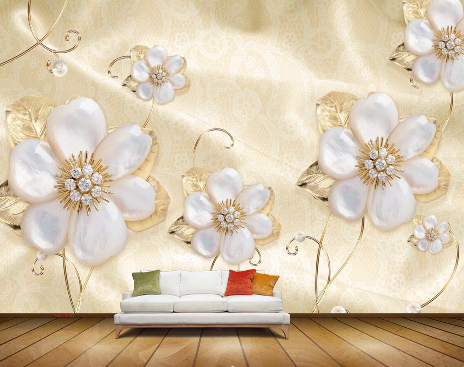 Avikalp MWZ1001 White Golden Flowers HD Wallpaper