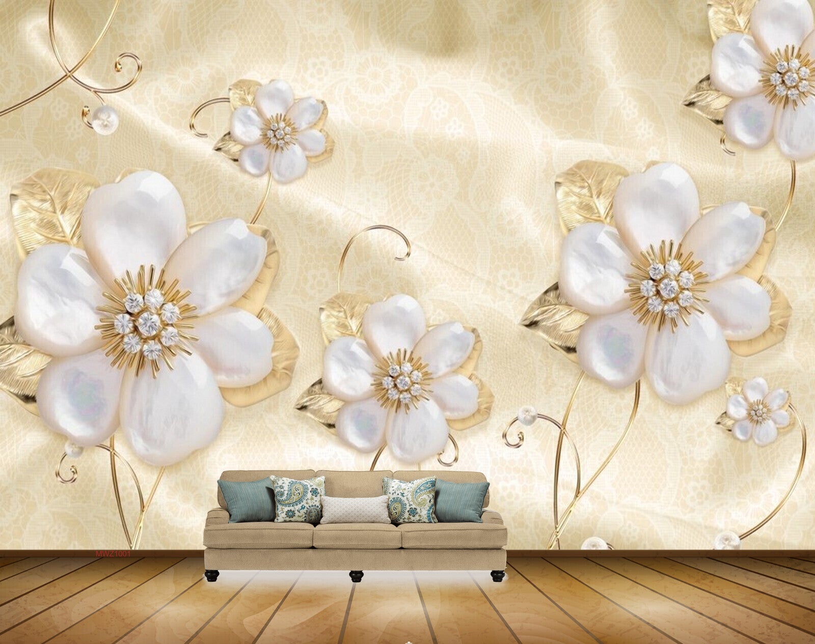 Avikalp MWZ1001 White Golden Flowers 3D HD Wallpaper