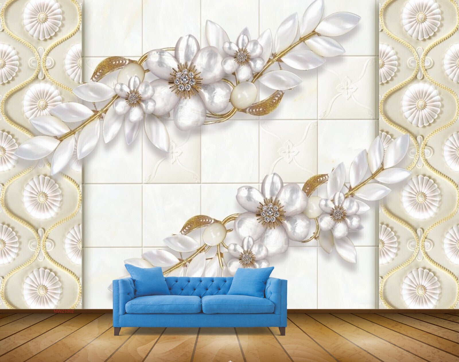 Avikalp MWZ1002 White Golden Flowers HD Wallpaper
