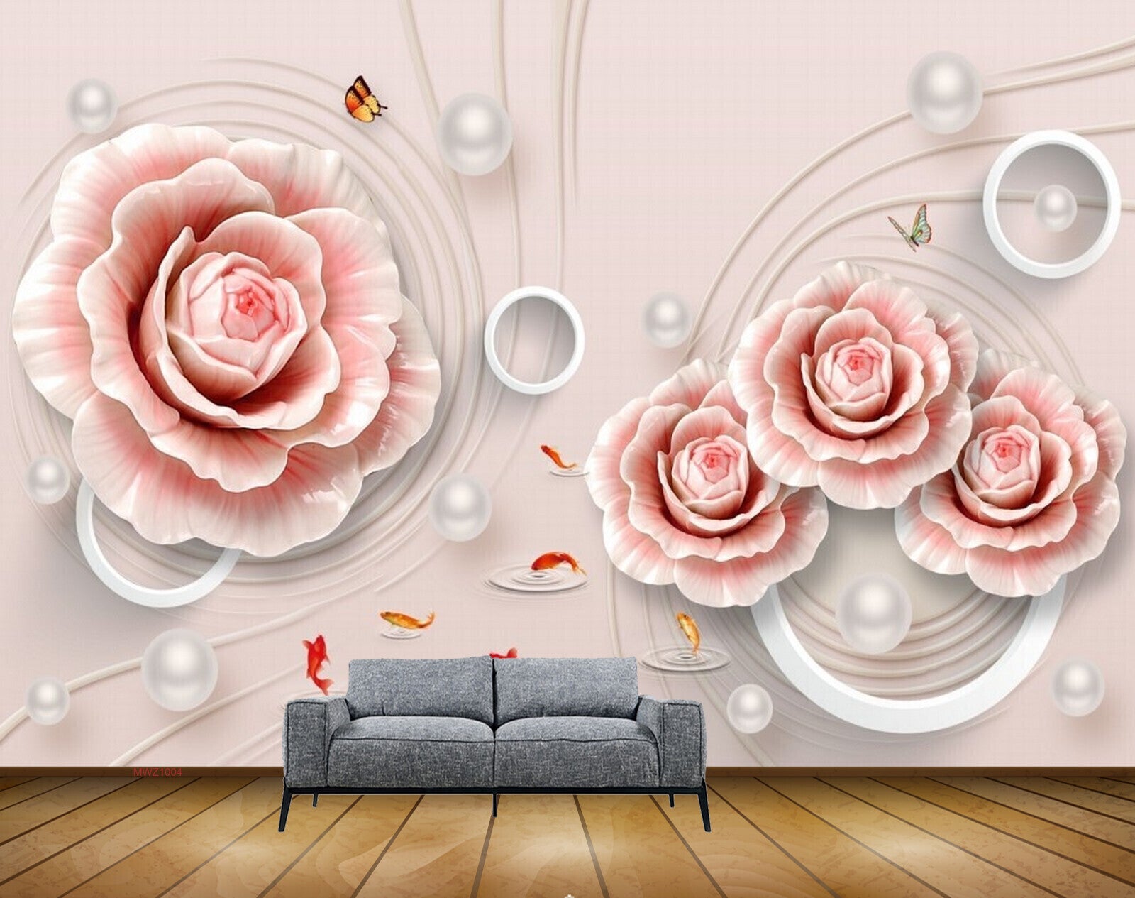 Avikalp MWZ1004 Peach White Flowers Fishes Butterflies 3D HD Wallpaper