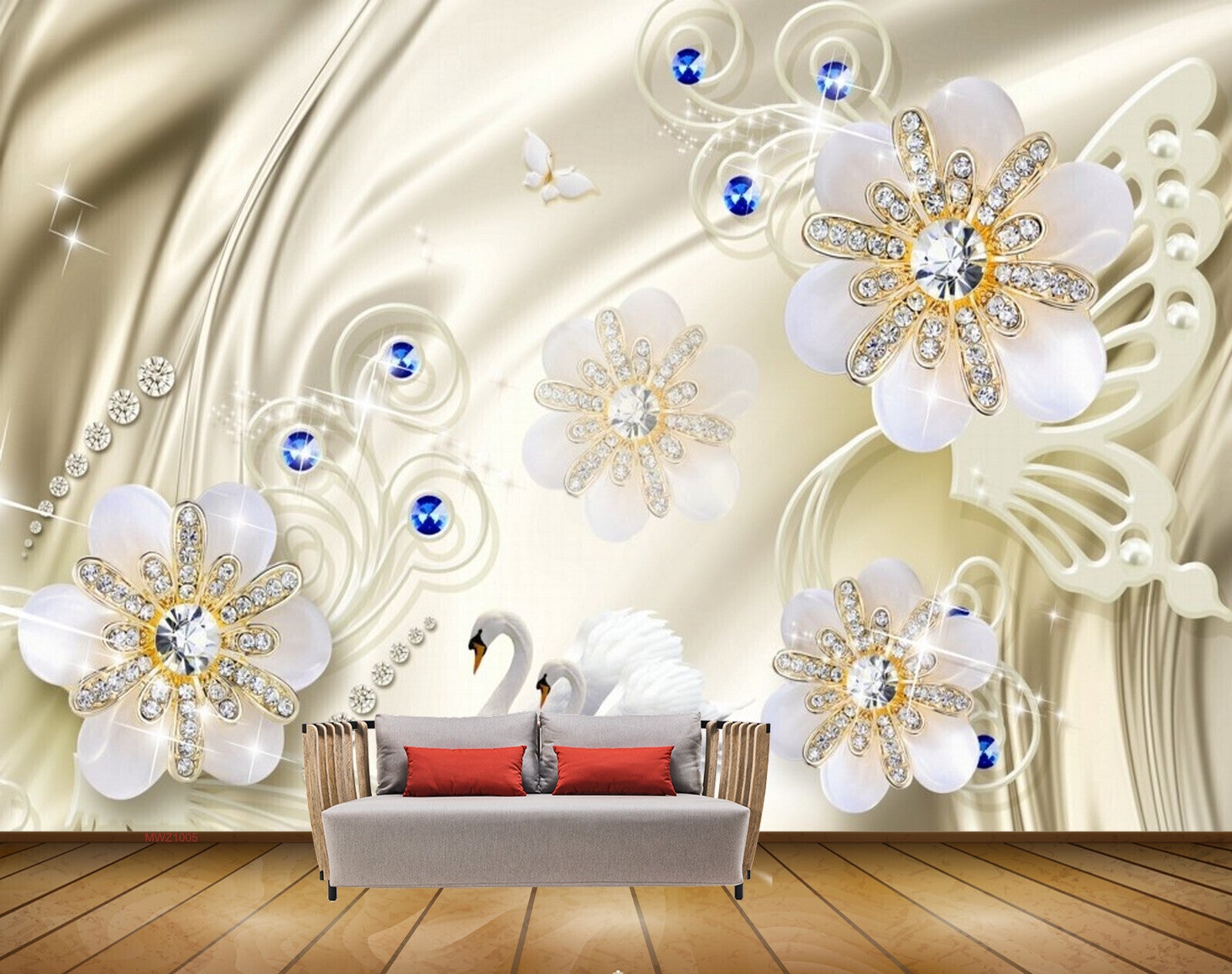 Avikalp MWZ1005 White Flowers Swans 3D HD Wallpaper