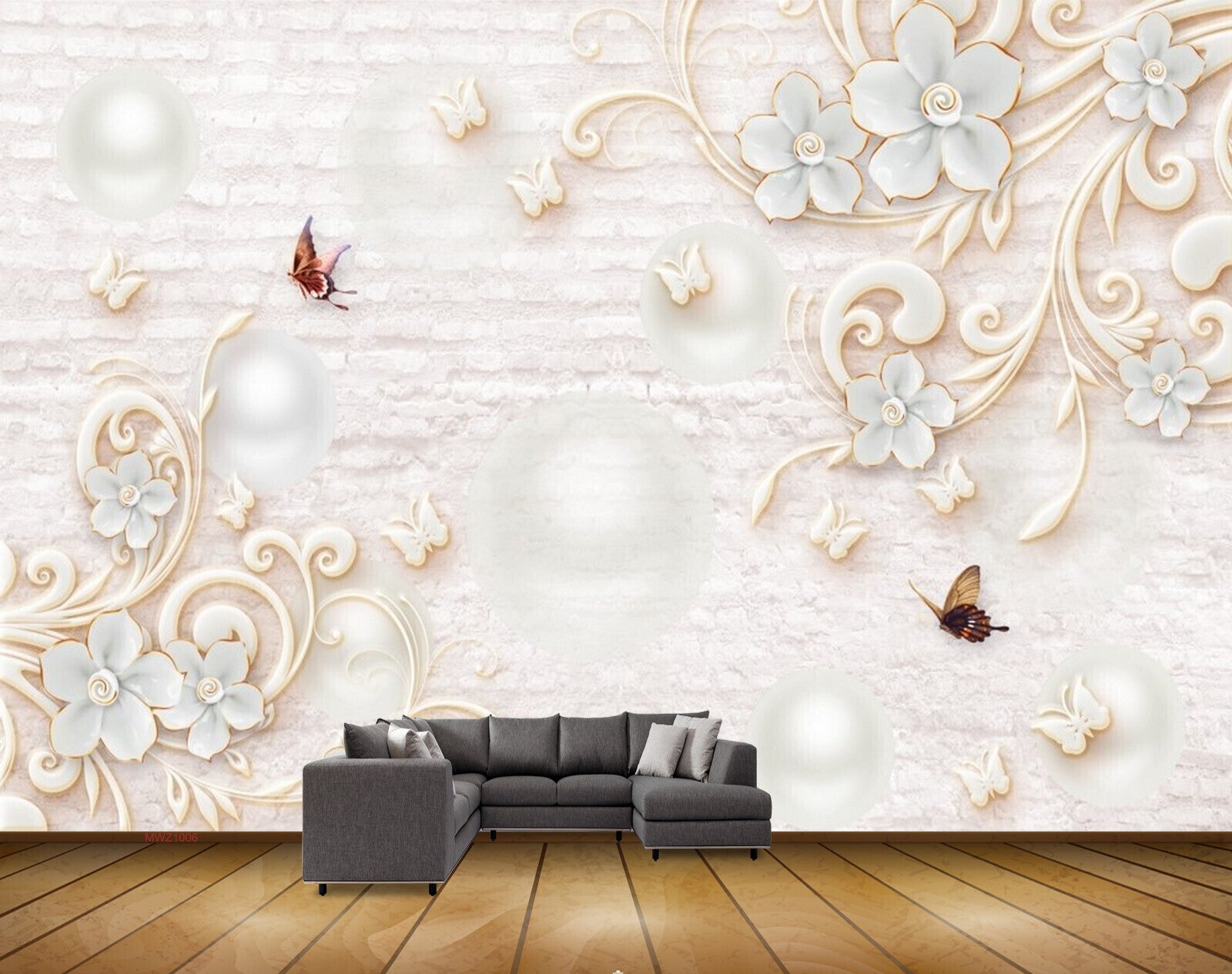 Avikalp MWZ1006 White Golden Flowers Butterflies HD Wallpaper
