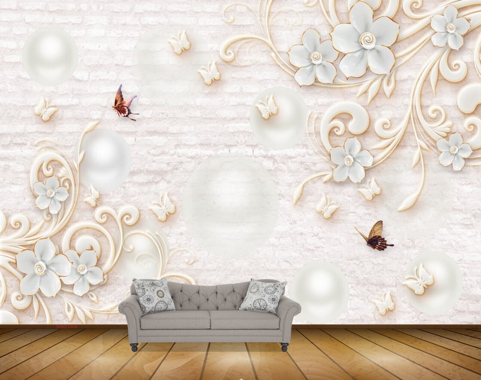 Avikalp MWZ1006 White Golden Flowers Butterflies 3D HD Wallpaper
