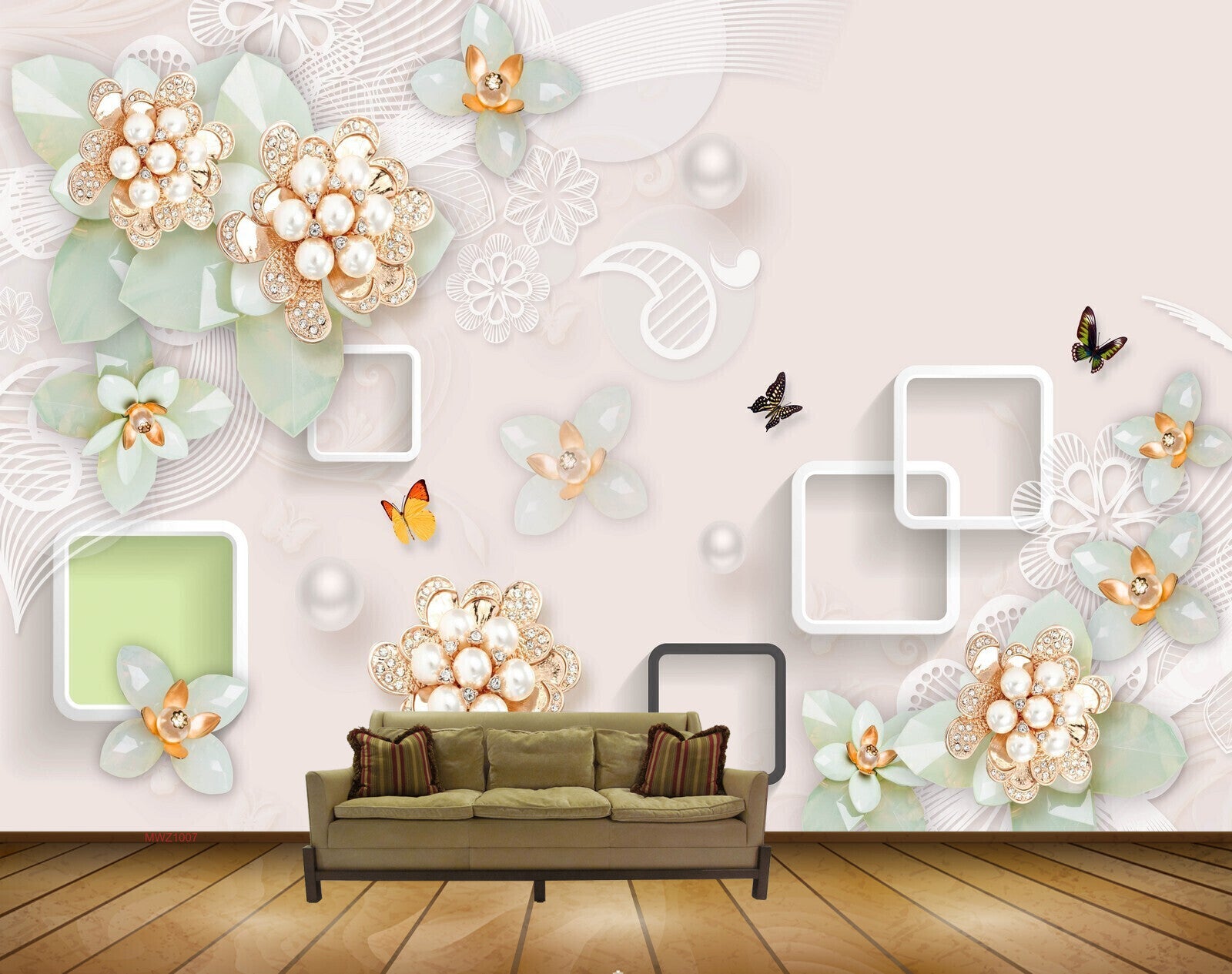 Avikalp MWZ1007 White Peach Flowers Butterflies 3D HD Wallpaper