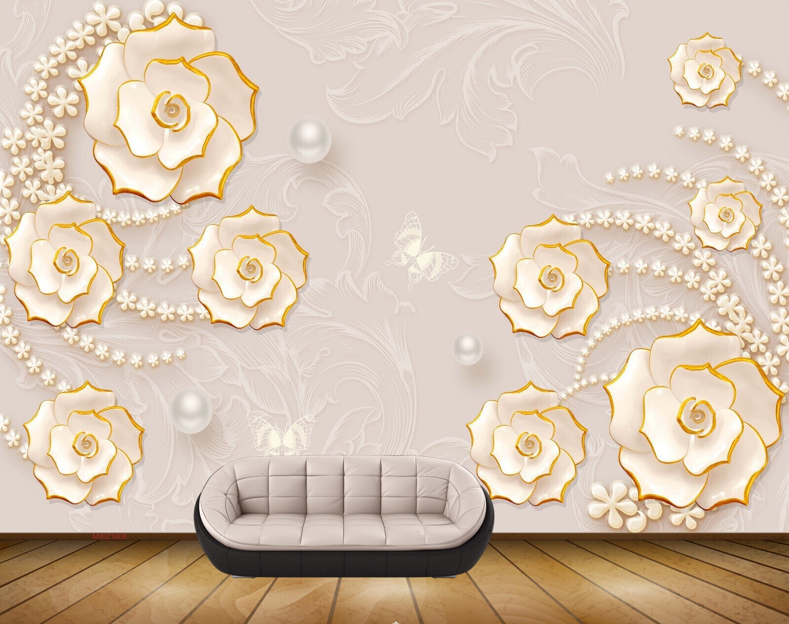 Avikalp MWZ1008 White Gold Flowers Pearls Butteflies HD Wallpaper
