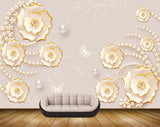 Avikalp MWZ1008 White Gold Flowers Pearls Butteflies HD Wallpaper