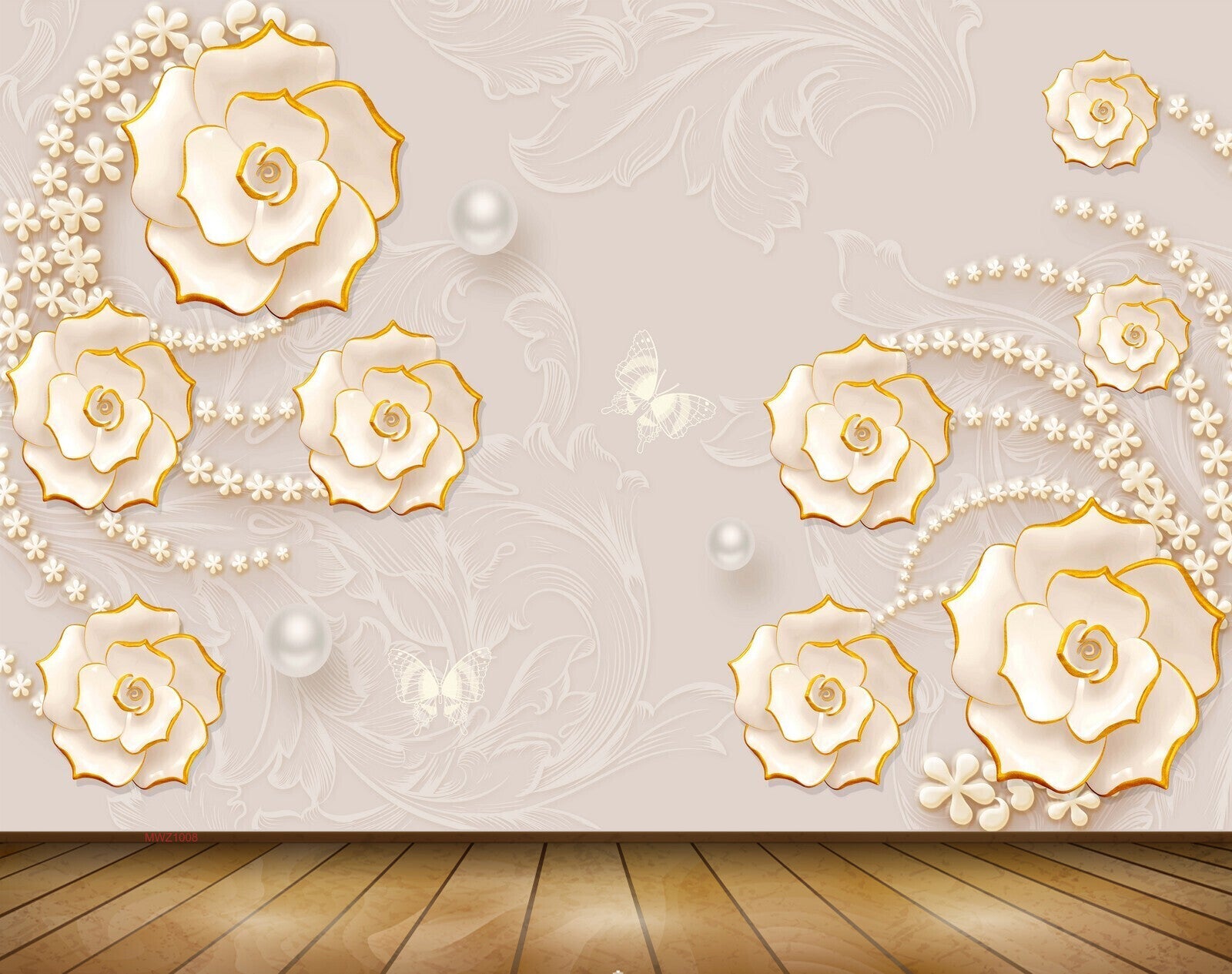 Avikalp MWZ1008 White Gold Flowers Pearls Butteflies 3D HD Wallpaper