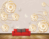 Avikalp MWZ1008 White Gold Flowers Pearls Butteflies 3D HD Wallpaper