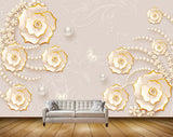 Avikalp MWZ1008 White Gold Flowers Pearls Butteflies 3D HD Wallpaper