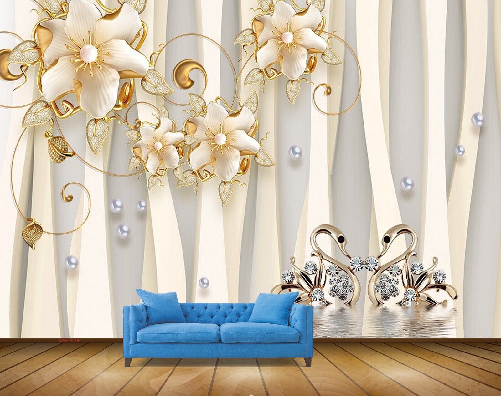 Avikalp MWZ1009 White Gold Flowers Cranes HD Wallpaper