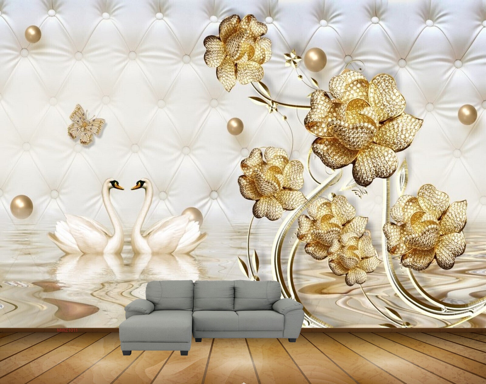 Avikalp MWZ1011 Golden Flowers Butterflies Cranes HD Wallpaper