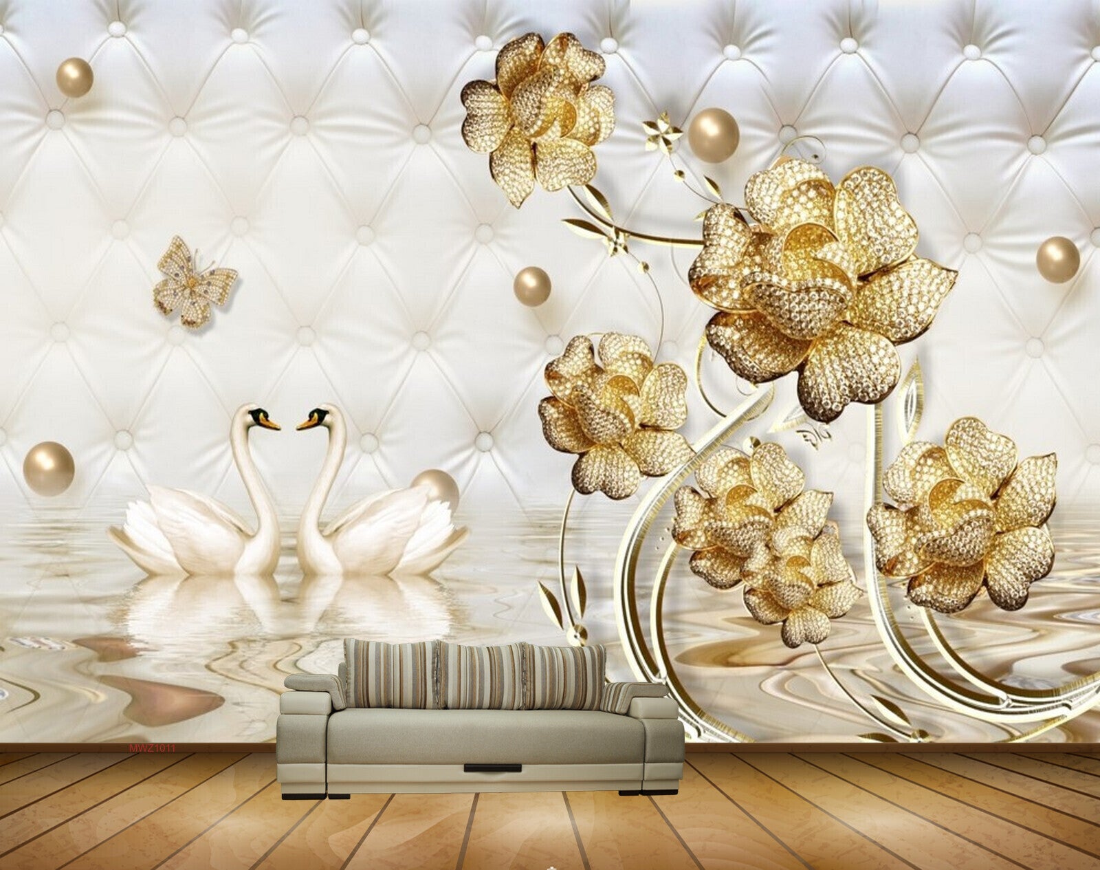 Avikalp MWZ1011 Golden Flowers Butterflies Cranes 3D HD Wallpaper