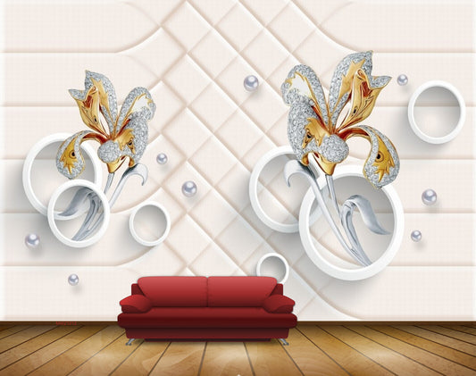 Avikalp MWZ1012 White Golden Flowers HD Wallpaper