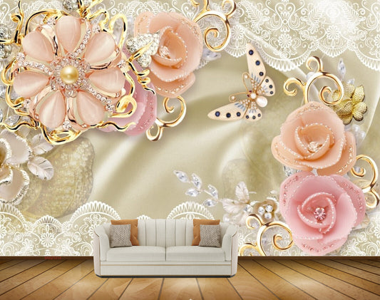 Avikalp MWZ1014 Peach Flowers Butterflies HD Wallpaper