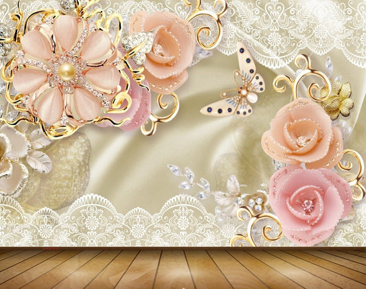 Avikalp MWZ1014 Peach Flowers Butterflies 3D HD Wallpaper
