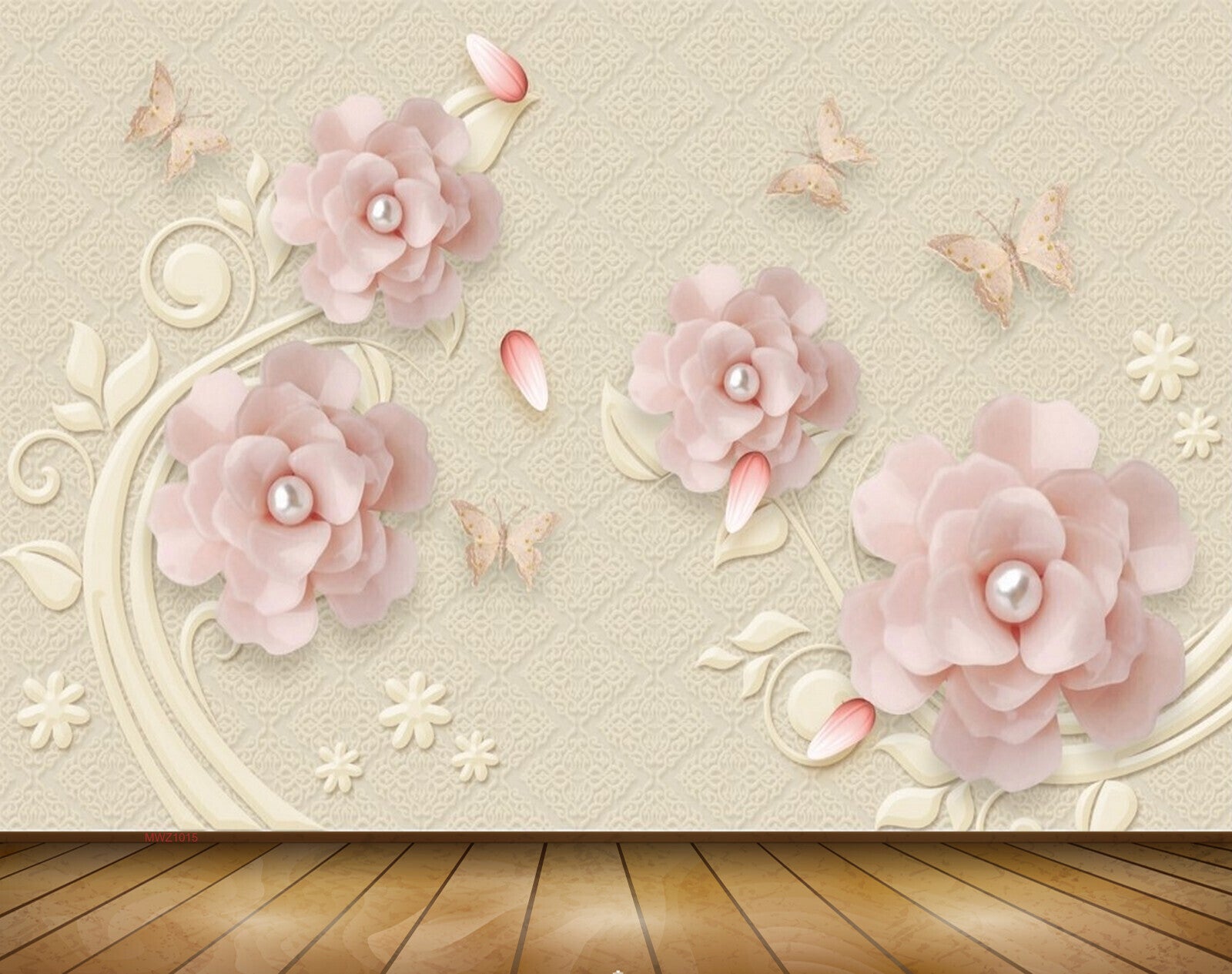 Avikalp MWZ1015 Peach Flowers Butterflies 3D HD Wallpaper